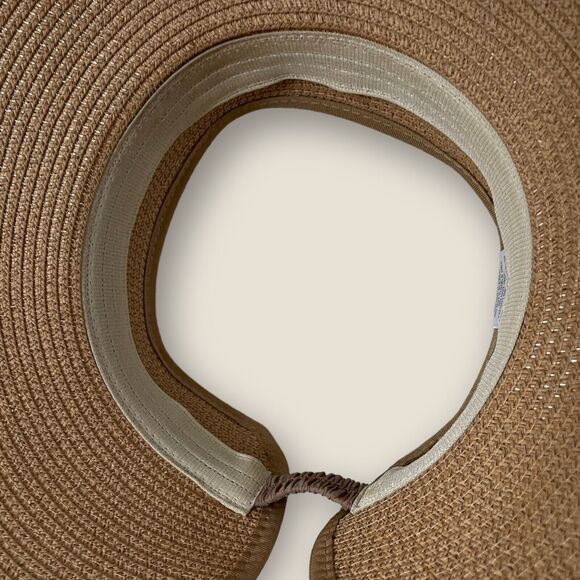 Woven Hat Tan Paper Straw Sun Visor Silver Band Accent Elastic Back One Size - Picture 6 of 9